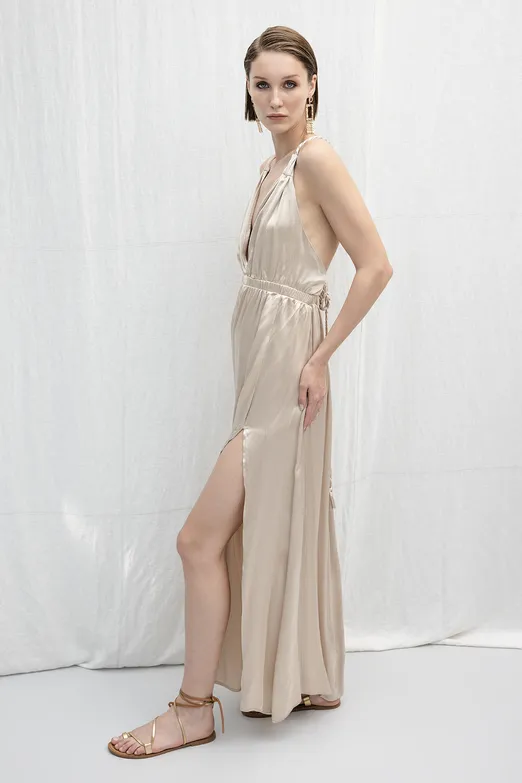 Bayan Bej Sırt Dekolteli Saten Elbise - BSL