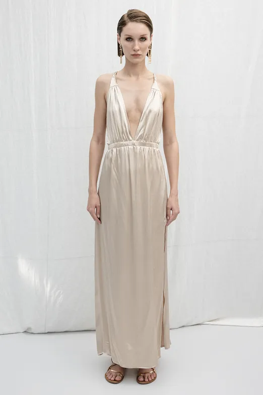 Bayan Bej Sırt Dekolteli Saten Elbise - BSL