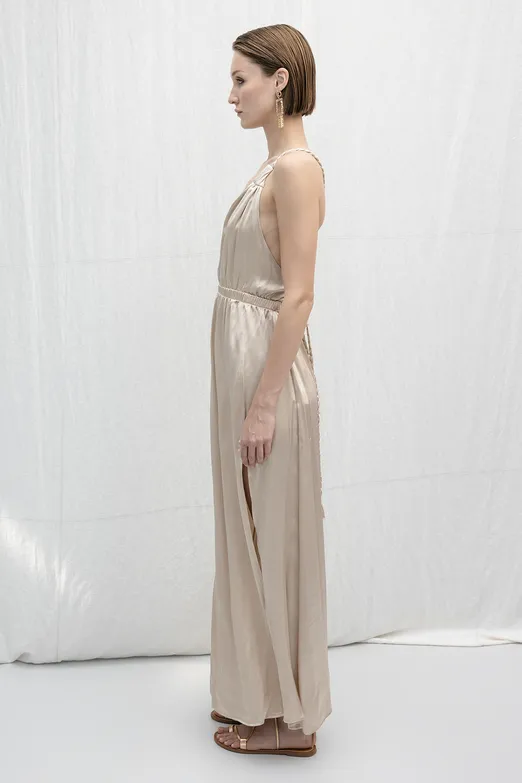 Bayan Bej Sırt Dekolteli Saten Elbise - BSL