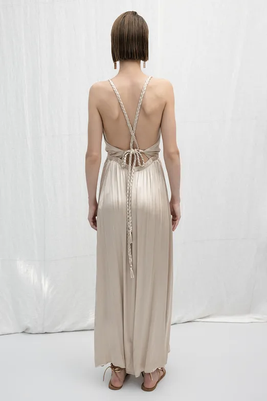 Bayan Bej Sırt Dekolteli Saten Elbise - BSL