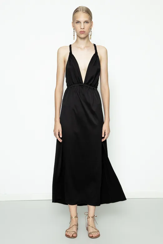 Bayan Siyah Sırt Dekolteli Saten Elbise - BSL