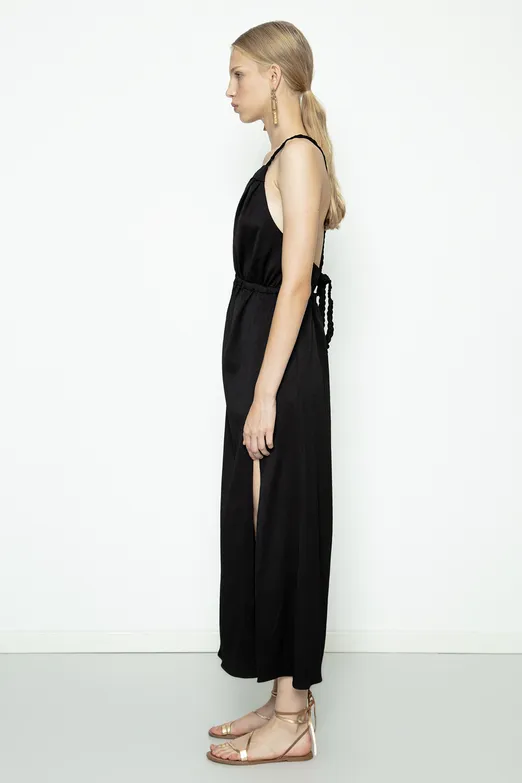 Bayan Siyah Sırt Dekolteli Saten Elbise - BSL