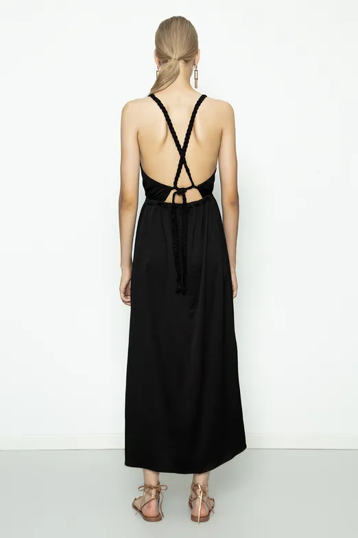 Bayan Siyah Sırt Dekolteli Saten Elbise - BSL