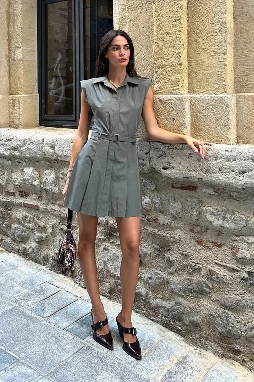 Bayan Haki %100 Cotton Pileli Mini Gömlek Elbise - BSL