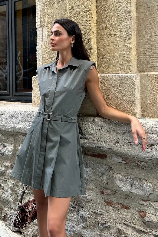 Bayan Haki %100 Cotton Pileli Mini Gömlek Elbise - BSL