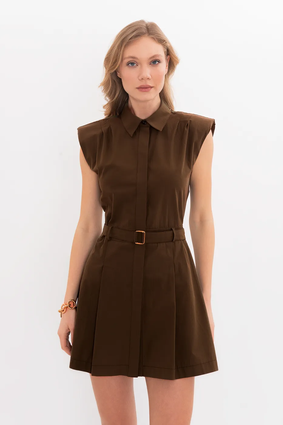 Bayan Kahverengi %100 Cotton Pileli Mini Gömlek Elbise