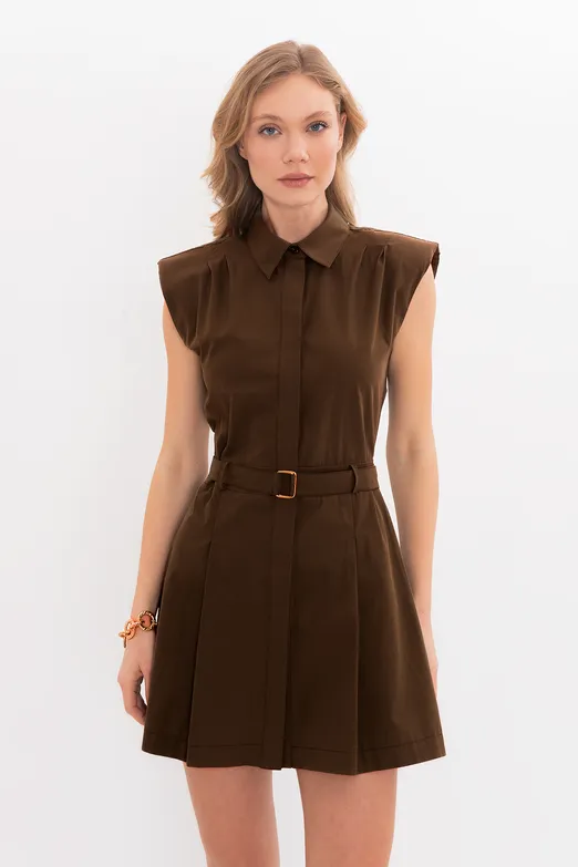 Bayan Kahverengi %100 Cotton Pileli Mini Gömlek Elbise - BSL