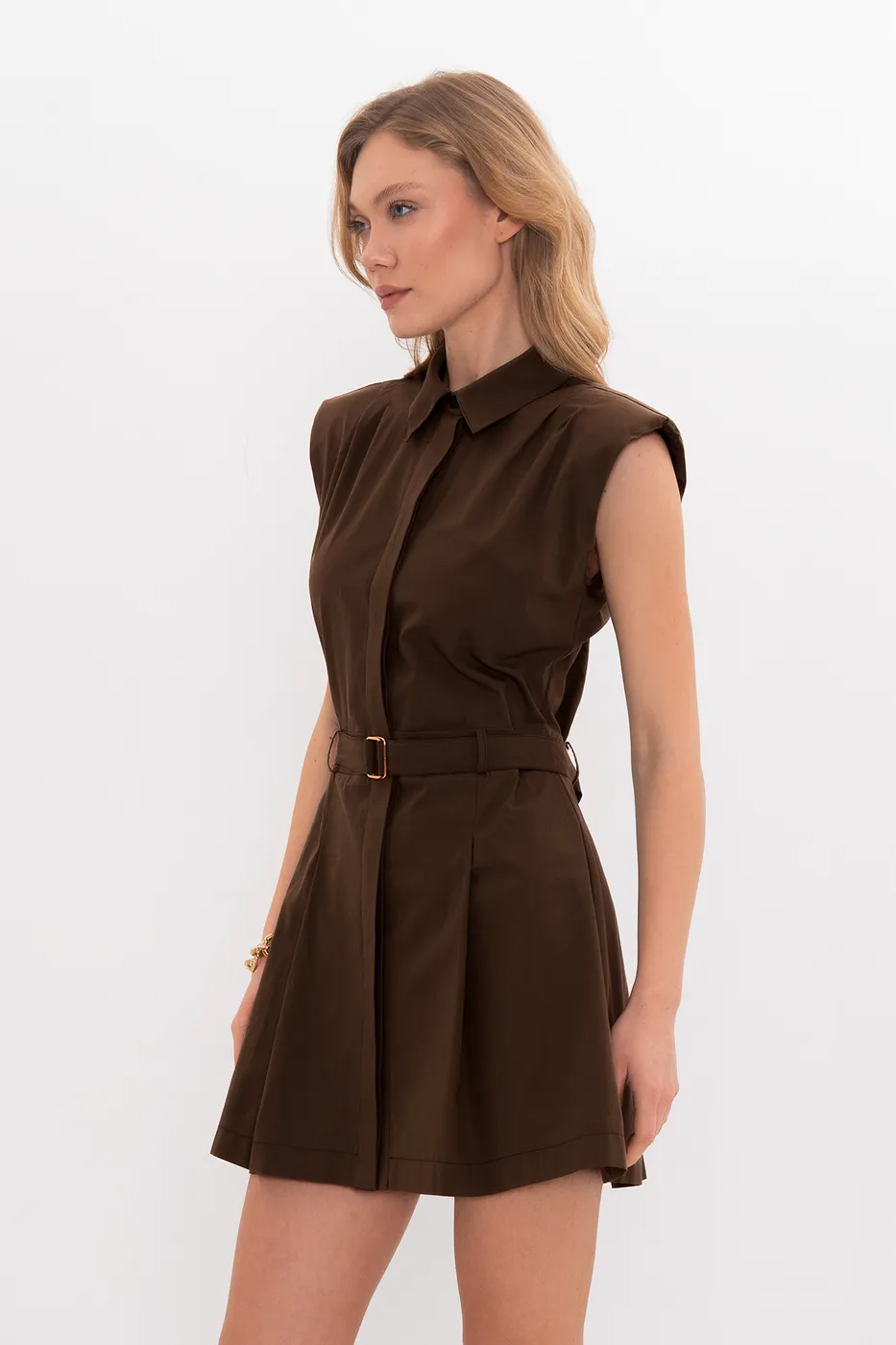 Bayan Kahverengi %100 Cotton Pileli Mini Gömlek Elbise
