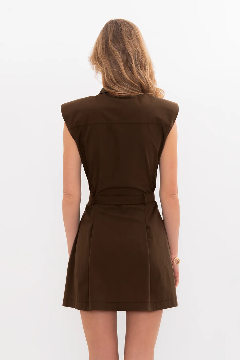 Bayan Kahverengi %100 Cotton Pileli Mini Gömlek Elbise