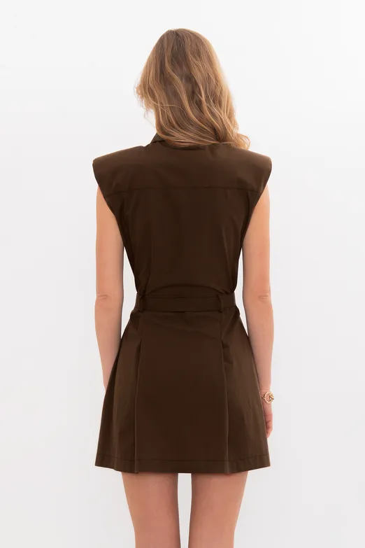 Bayan Kahverengi %100 Cotton Pileli Mini Gömlek Elbise - BSL