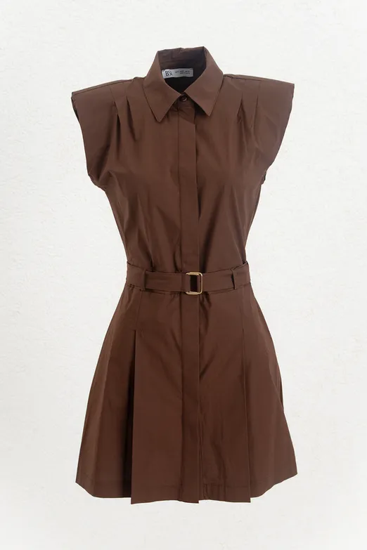 Bayan Kahverengi %100 Cotton Pileli Mini Gömlek Elbise - BSL