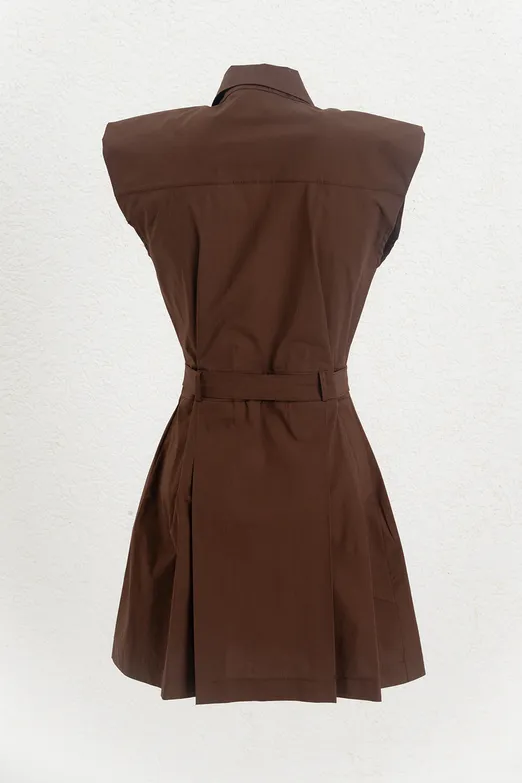 Bayan Kahverengi %100 Cotton Pileli Mini Gömlek Elbise - BSL