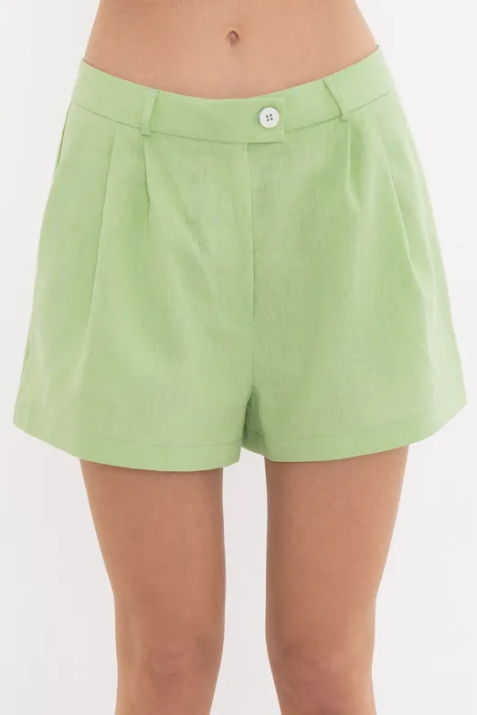 Bayan Yeşil Keten Karışımlı  Pileli Mini Şort - BSL