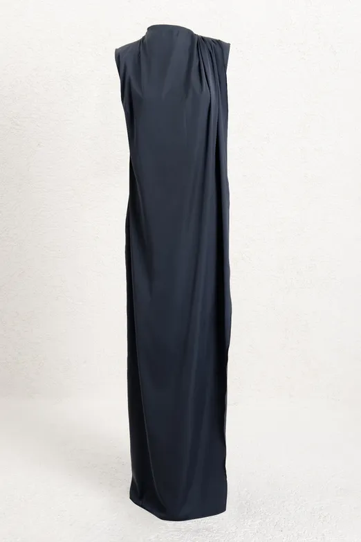 Bayan Antrasit Drapeli Düz Kesim Silüet Saten Maksi Elbise - BSL