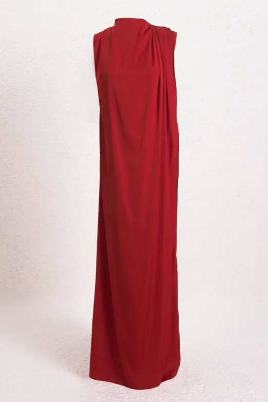 Bayan Kırmızı Drapeli Düz Kesim Silüet Saten Maksi Elbise - BSL