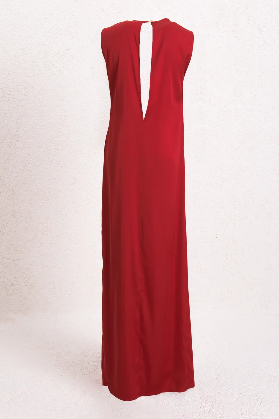 Bayan Kırmızı Drapeli Düz Kesim Silüet Saten Maksi Elbise