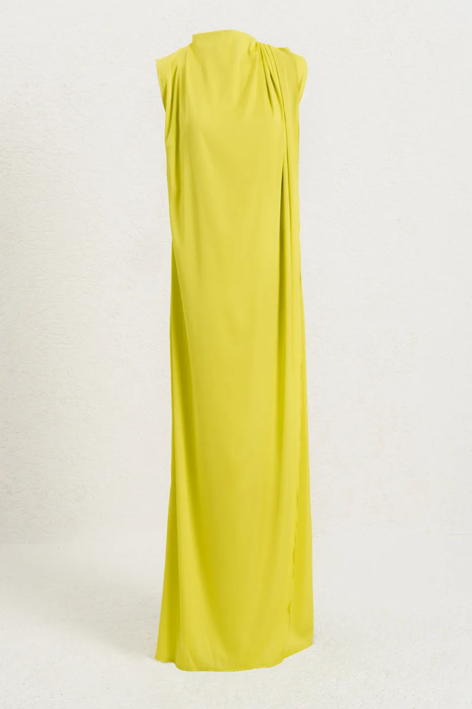 Bayan Sarı Drapeli Düz Kesim Silüet Saten Maksi Elbise