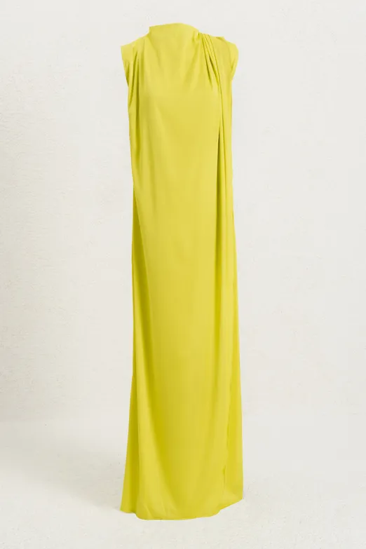 Bayan Sarı Drapeli Düz Kesim Silüet Saten Maksi Elbise - BSL