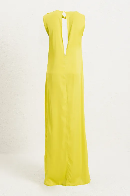 Bayan Sarı Drapeli Düz Kesim Silüet Saten Maksi Elbise - BSL