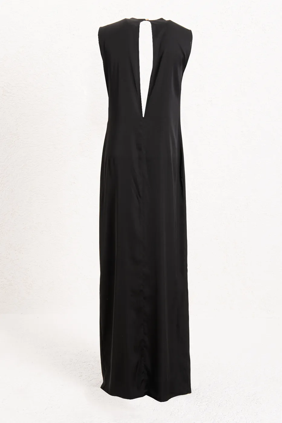 Bayan Siyah Drapeli Düz Kesim Silüet Saten Maksi Elbise