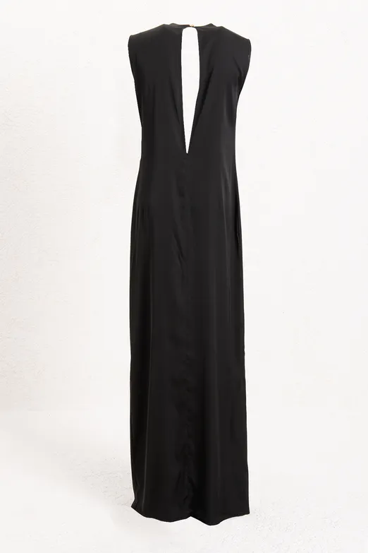 Bayan Siyah Drapeli Düz Kesim Silüet Saten Maksi Elbise - BSL