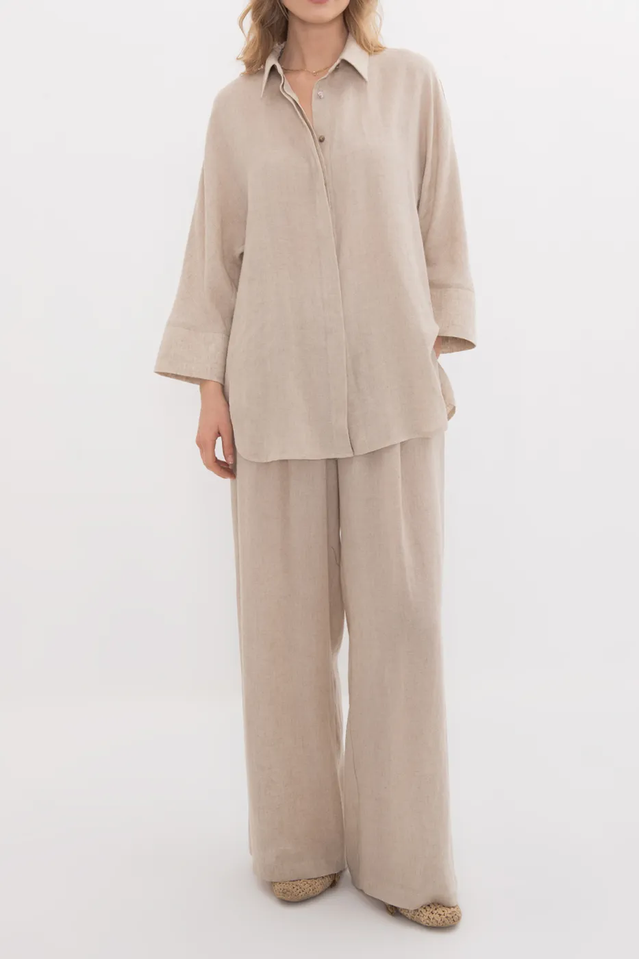 Bayan Bej Keten Bol Pantolon