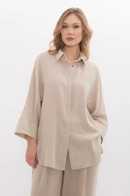 Bayan Bej Keten Oversize Basic Gömlek - BSL