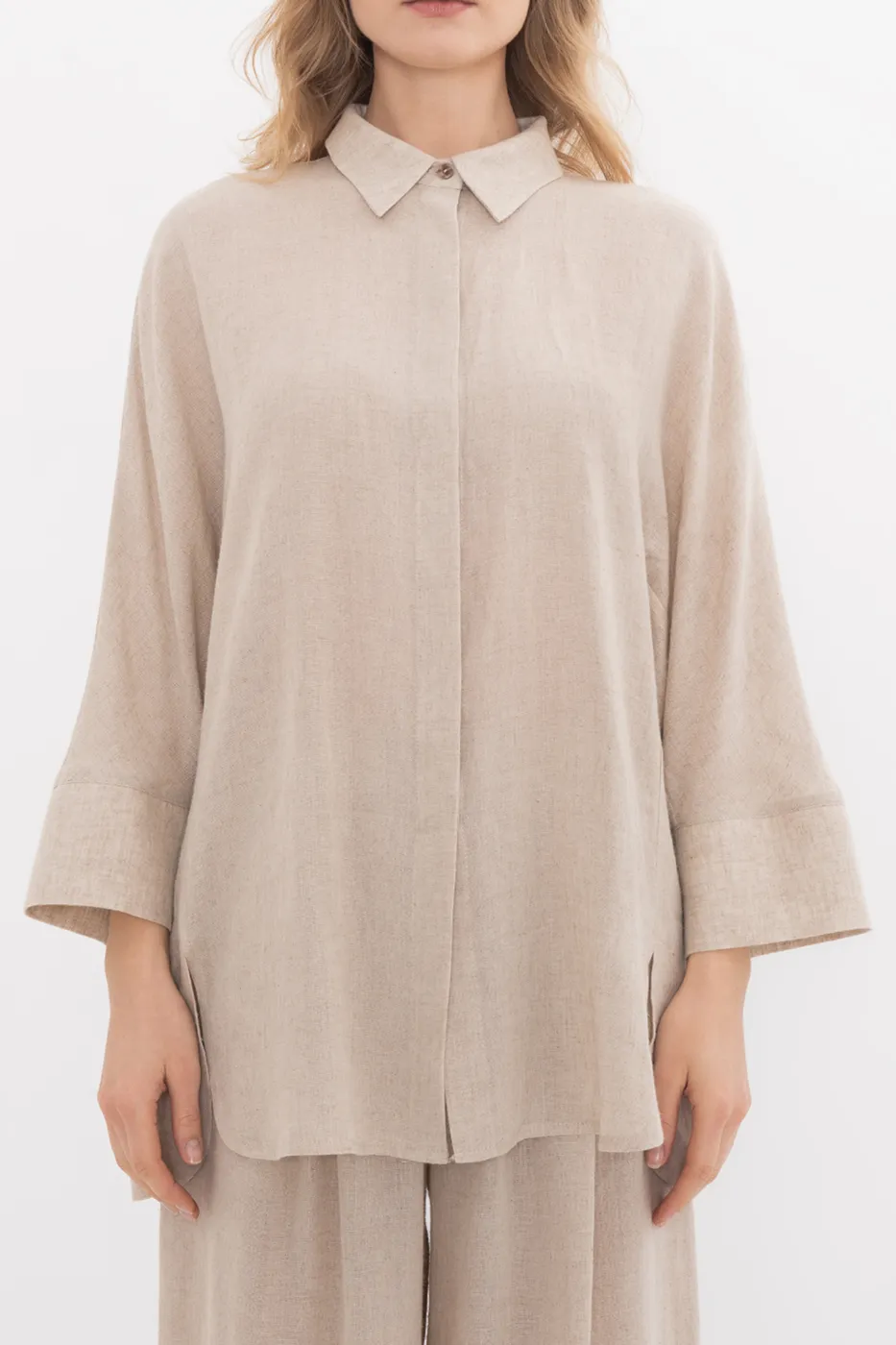 Bayan Bej Keten Oversize Basic Gömlek