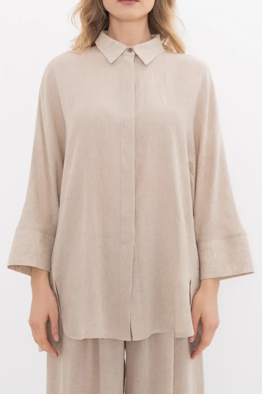 Bayan Bej Keten Oversize Basic Gömlek - BSL