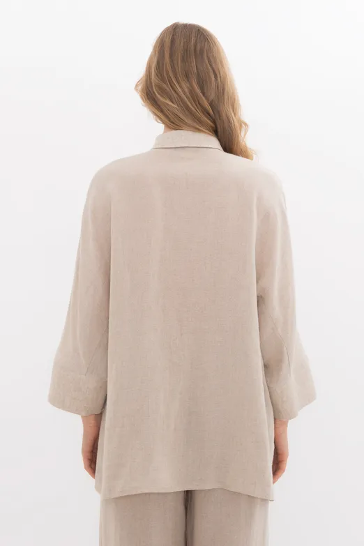 Bayan Bej Keten Oversize Basic Gömlek - BSL