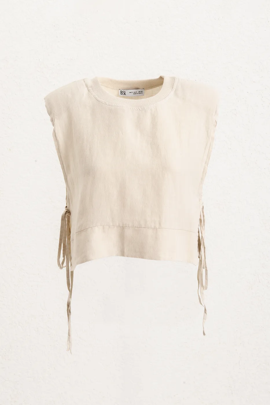 Bayan Bej Yandan Bağcıklı Crop Keten Bluz