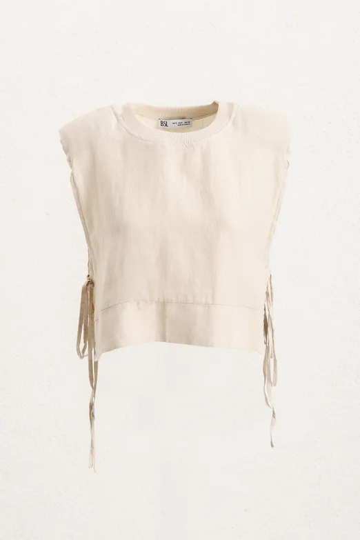 Bayan Bej Yandan Bağcıklı Crop Keten Bluz - BSL