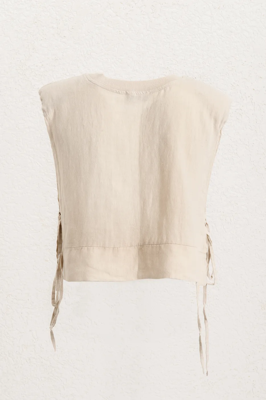 Bayan Bej Yandan Bağcıklı Crop Keten Bluz