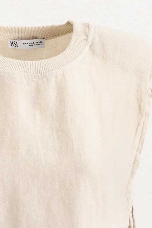Bayan Bej Yandan Bağcıklı Crop Keten Bluz - BSL