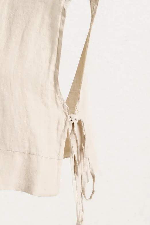 Bayan Bej Yandan Bağcıklı Crop Keten Bluz - BSL