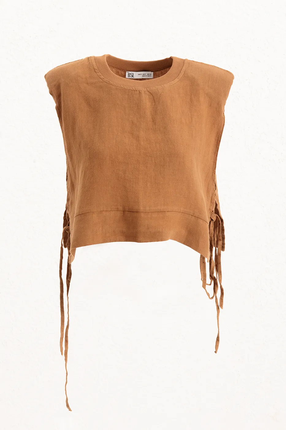 Bayan Kahverengi Yandan Bağcıklı Crop Keten Bluz