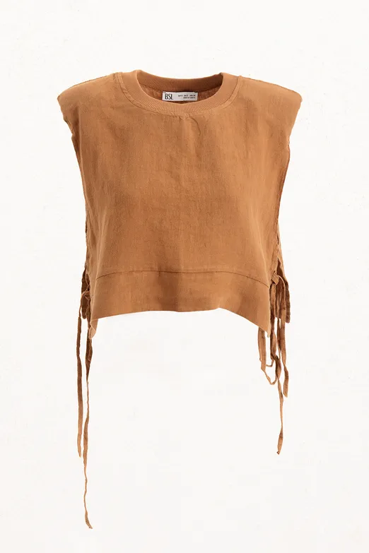 Bayan Kahverengi Yandan Bağcıklı Crop Keten Bluz - BSL