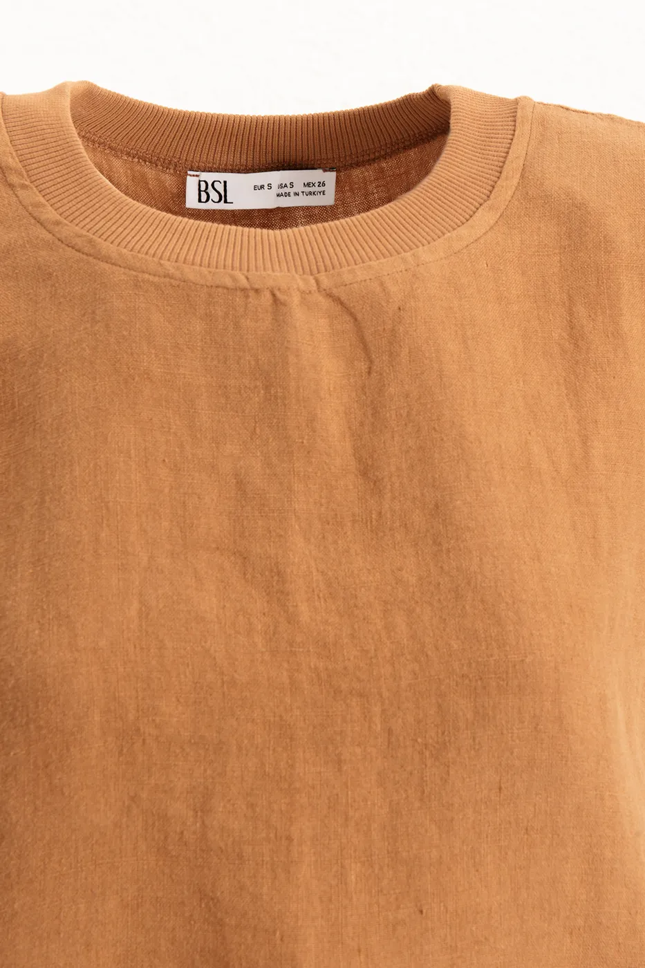 Bayan Kahverengi Yandan Bağcıklı Crop Keten Bluz