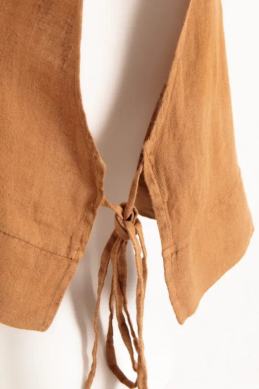 Bayan Kahverengi Yandan Bağcıklı Crop Keten Bluz - BSL