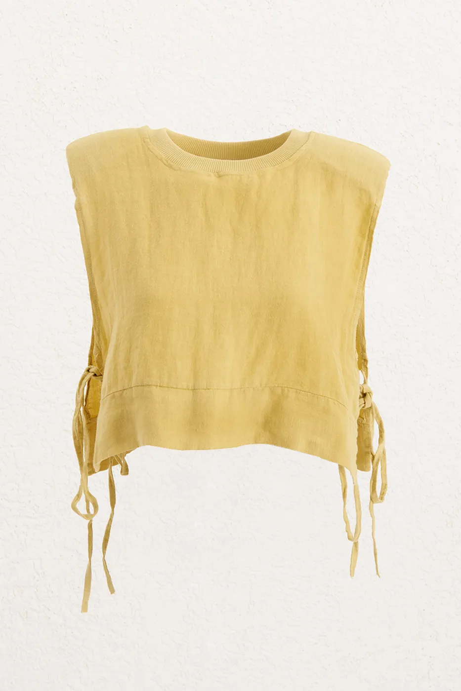 Bayan Sarı Yandan Bağcıklı Crop Keten Bluz