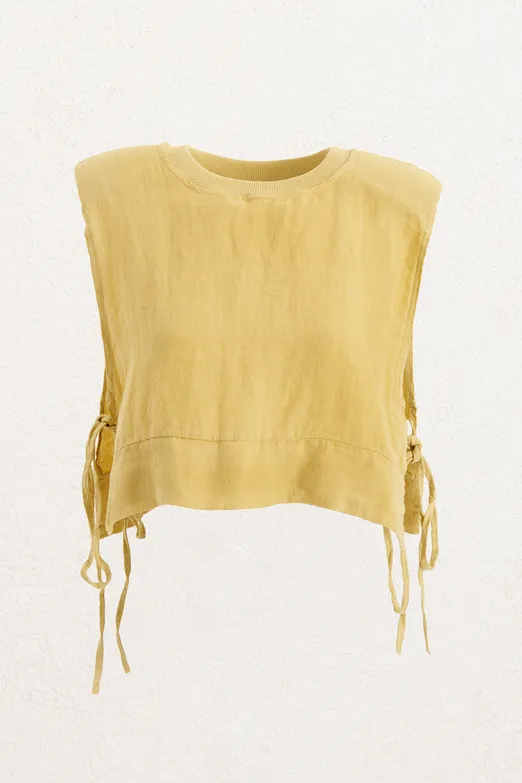 Bayan Sarı Yandan Bağcıklı Crop Keten Bluz - BSL