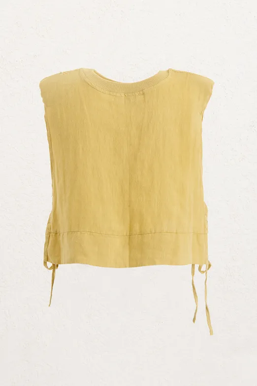 Bayan Sarı Yandan Bağcıklı Crop Keten Bluz - BSL