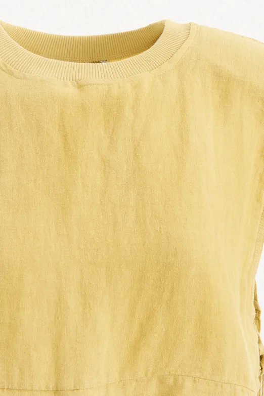 Bayan Sarı Yandan Bağcıklı Crop Keten Bluz - BSL