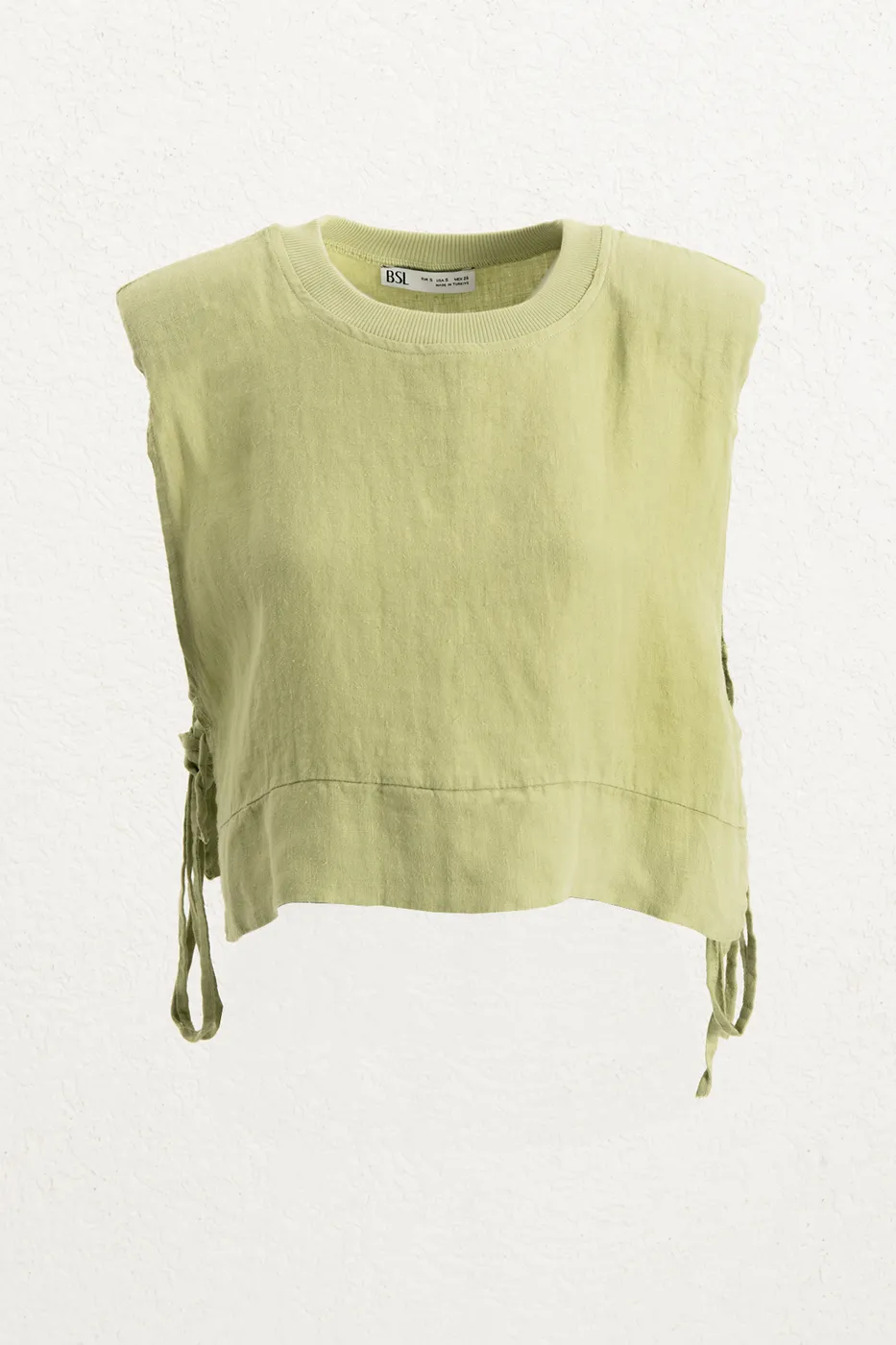 Bayan Yeşil Yandan Bağcıklı Crop Keten Bluz