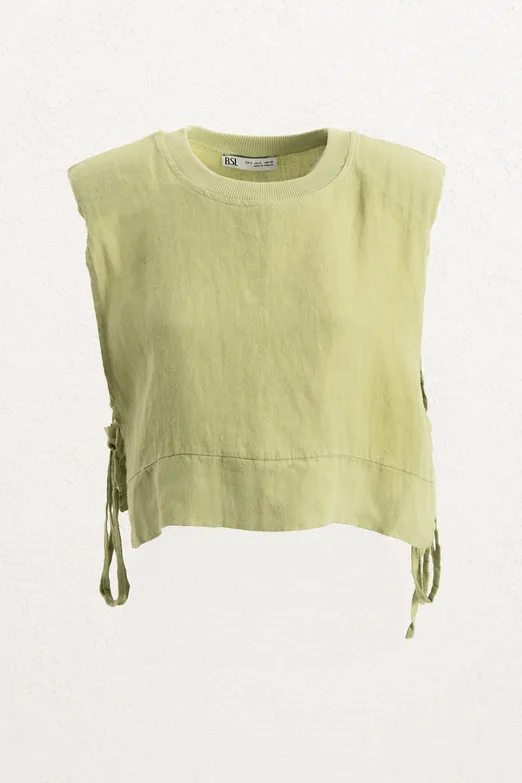 Bayan Yeşil Yandan Bağcıklı Crop Keten Bluz - BSL