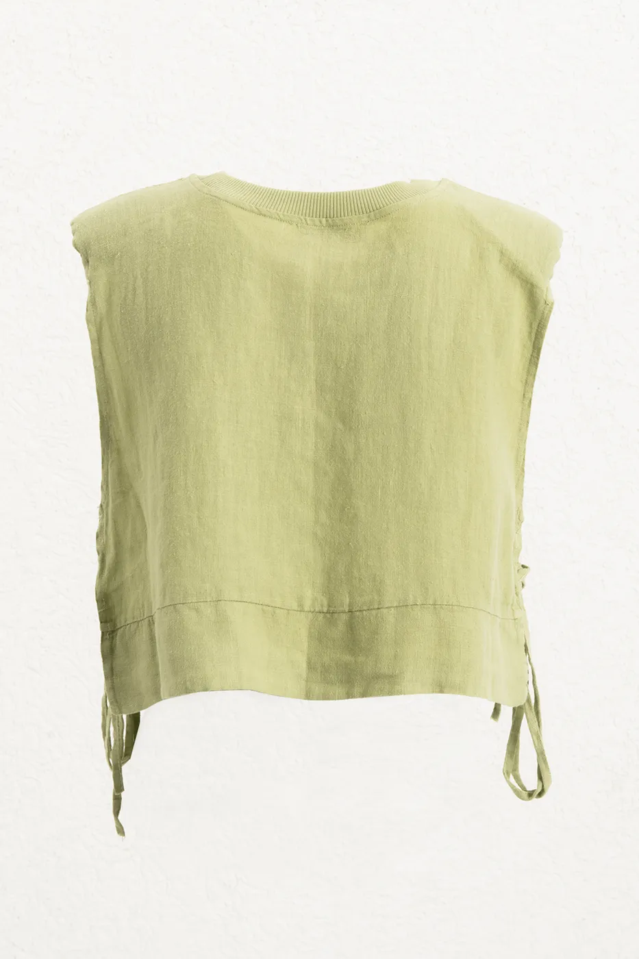 Bayan Yeşil Yandan Bağcıklı Crop Keten Bluz