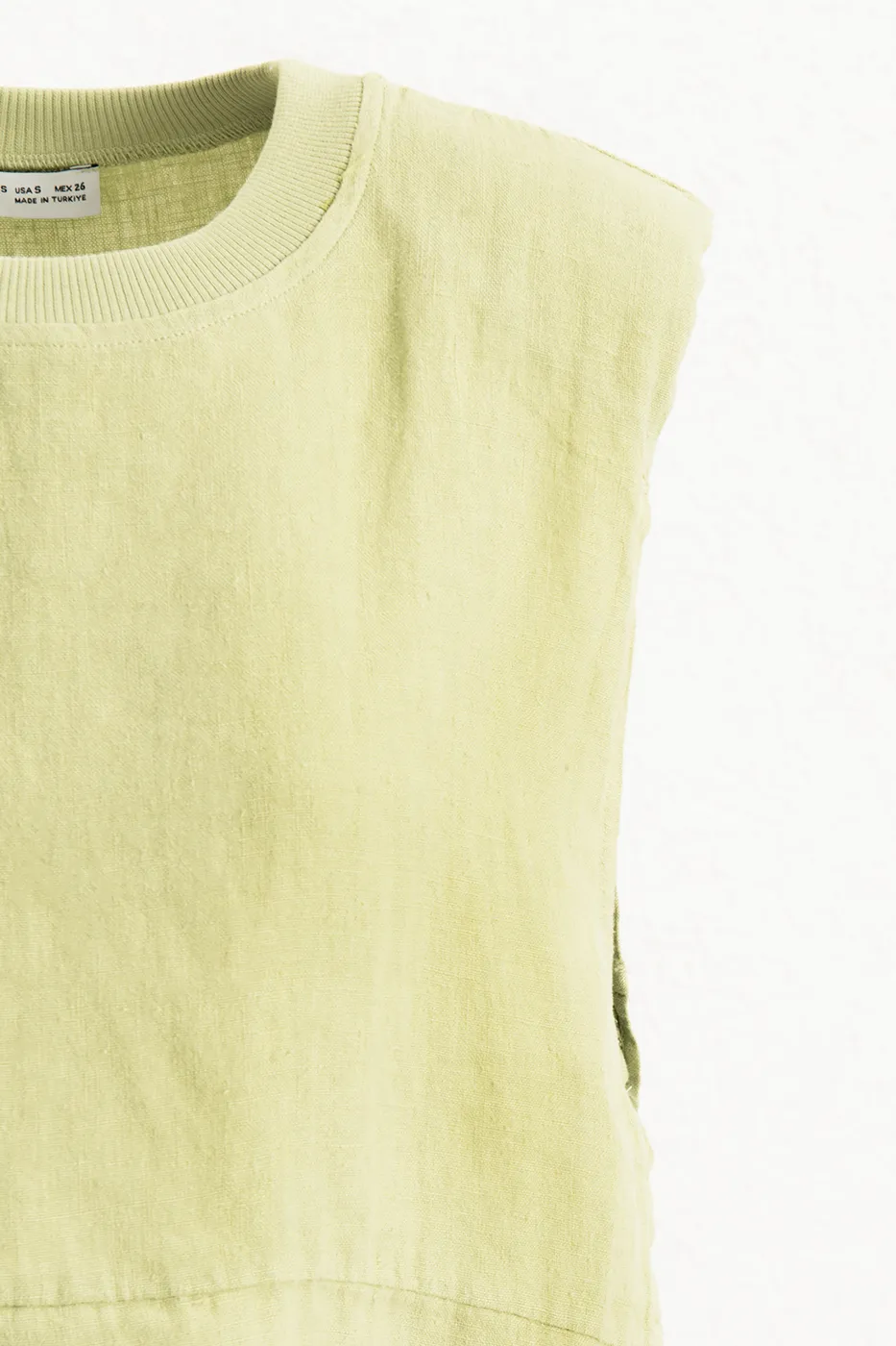 Bayan Yeşil Yandan Bağcıklı Crop Keten Bluz