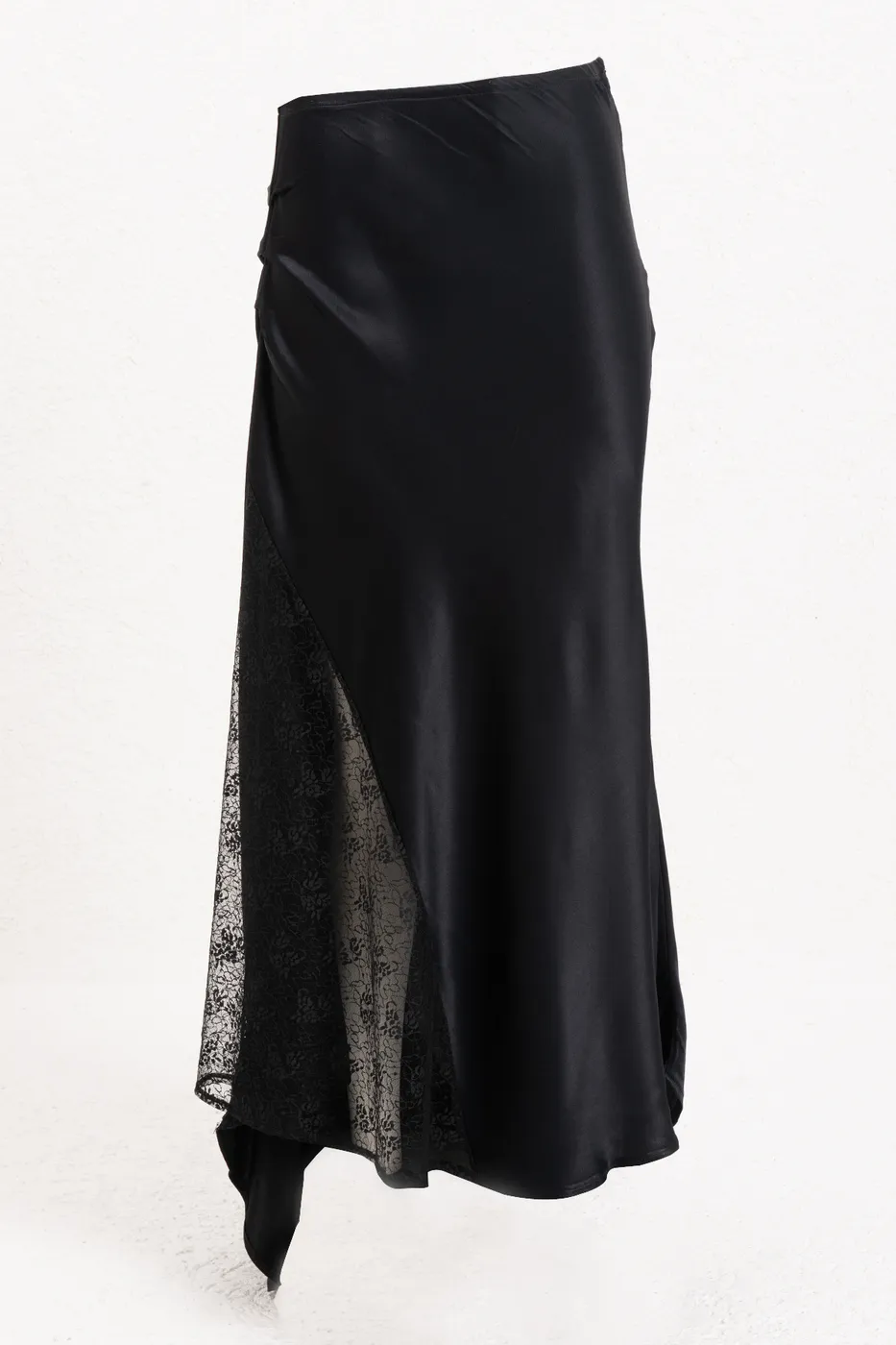 Bayan Siyah Tül Detaylı Volanlı Saten Midi Etek