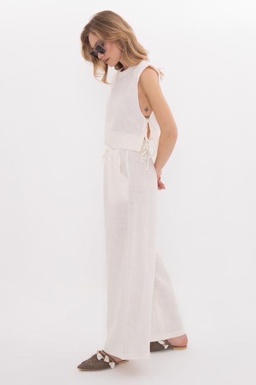 Bayan  %100 Keten Düz Kesim Bol Pantolon