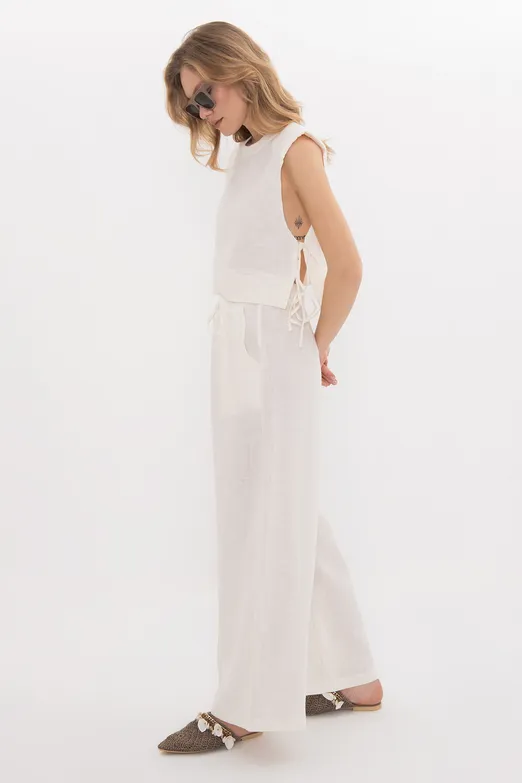 Bayan Ekru %100 Keten Düz Kesim Bol Pantolon - BSL